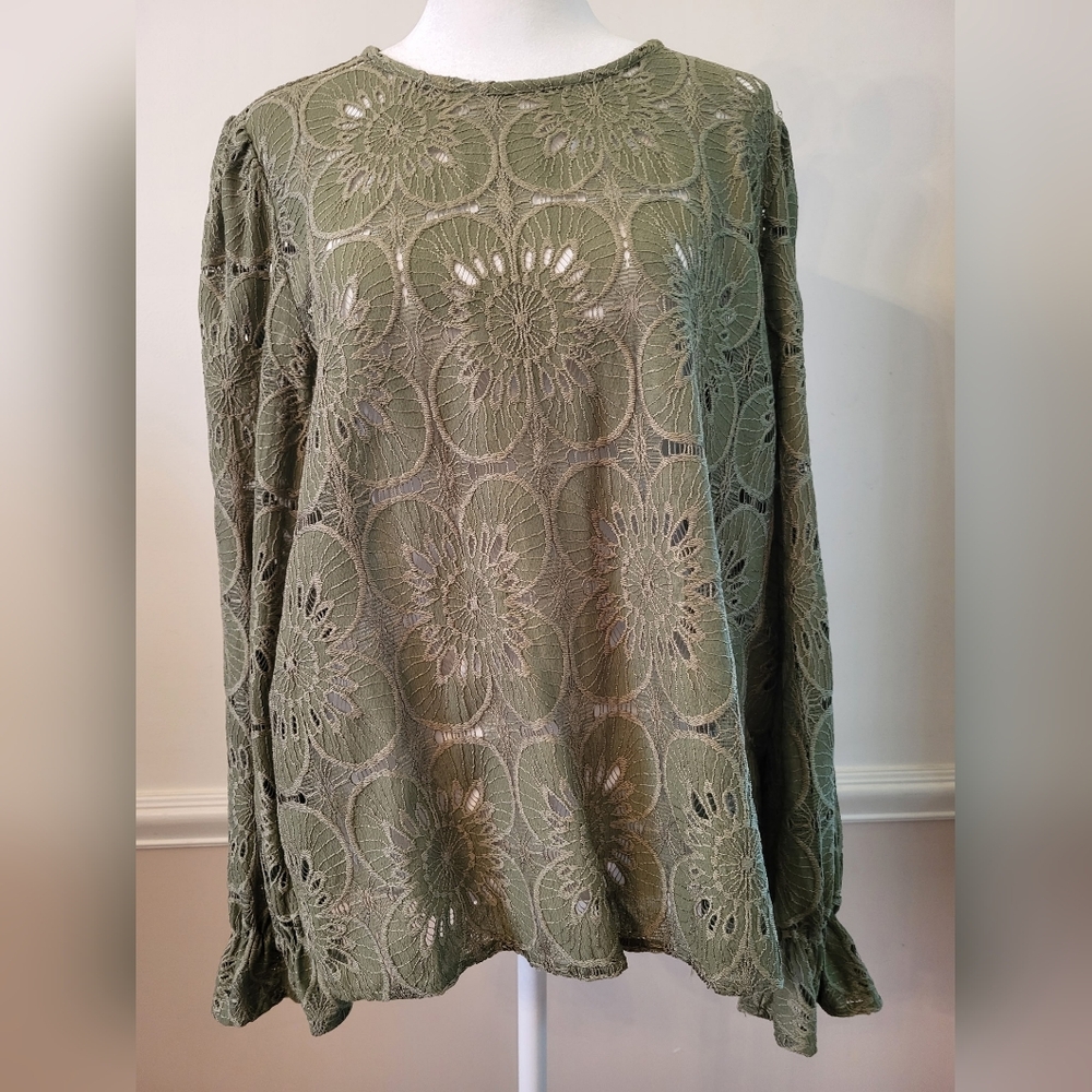 Green Cream Embellished Long Sleeve Blouse